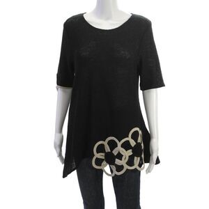 Jaskar Women Tunic Black Floral Linen Cotton Short Sleeve Round Neck Size M